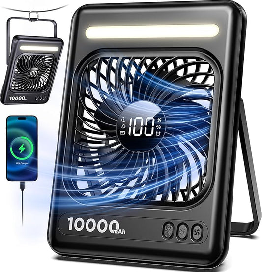 10000mAh Portable Travel Fan, 5 Speeds Strong Wind Cruise Fan with LED Lantern, 24H Runtime Cordless Personal USB Fan, 2/4/6/8H Timer, Ultra-thin Quiet Desk Fan for Camping, Office, Bedroom, Beach