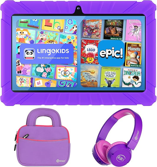 Contixo V8 Kids Tablet Bundle 7 Inch with Bluetooth Headphones & Sleeve Bag – Android 11 Go, 32GB, Parental Controls, Kid-Proof Case, HD IPS Touchscreen, Dual Camera, WiFi, Ages 3-12, Purple