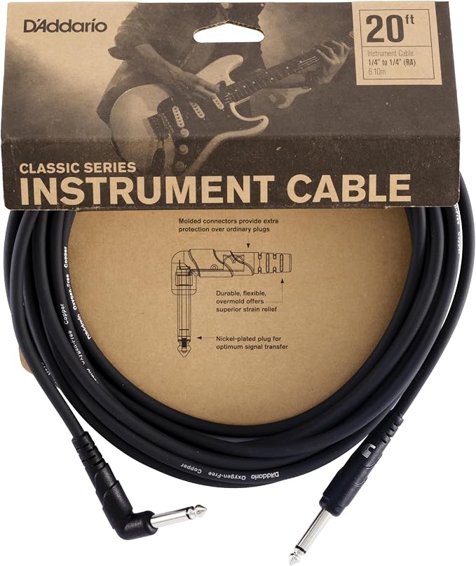 D'Addario Guitar Cable - Classic Series - Guitar Lead - 1/4 Inch Male to 1/4 Inch Male - 20 Feet - Straight End/Right Angle - 1 Pack