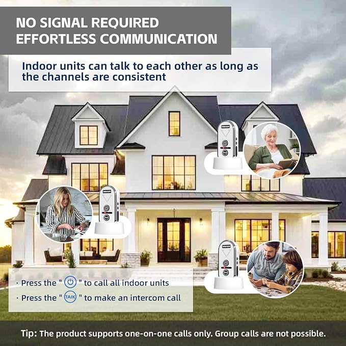 Intercoms Wireless for Home, 2 Way Intercom Communication 4900ft Long Range,Room to Room Intercom Wireless with 3 Volume Levels,20 Chimes Home Intercom System for Indoor Outdoor Use
