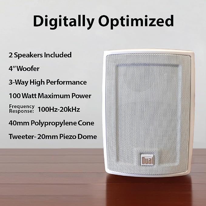 Dual Electronics LU43PW 4" 3-Way High Performance Outdoor Indoor Wired Speakers | Effortless Set Up | Home, Pool, Patio, Garage Use | Weather & UV Resistant | Expansive Stereo Sound Coverage | White