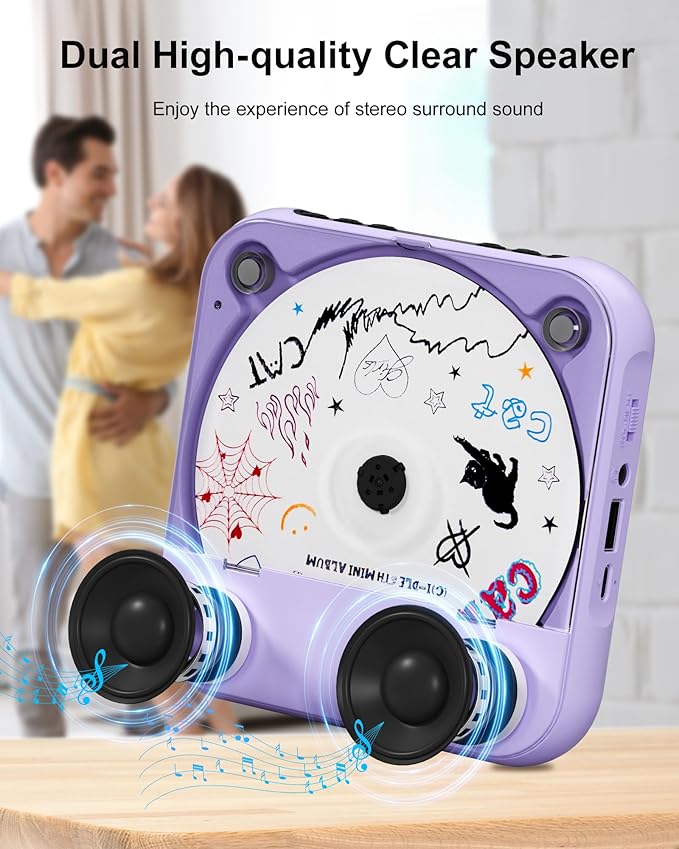 ENVYCLOUD CD Player Portable with Dual Stereo Speakers, Rechargeable Portable CD Player with Bluetooth for Home with Headphones, Support CD/AUX/USB, Purple