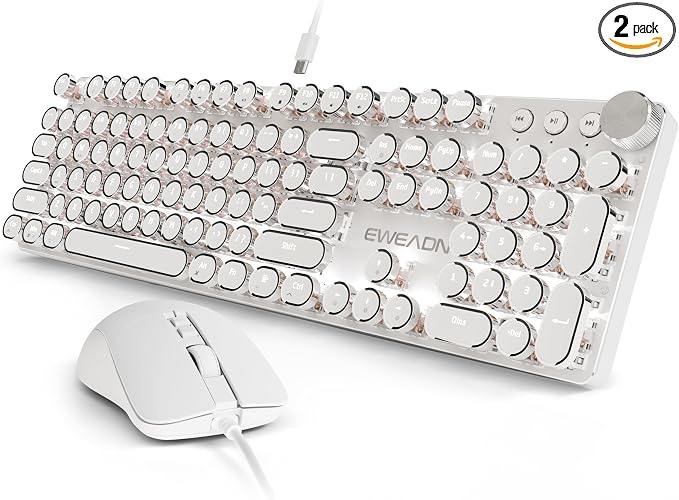 EWEADN Wired Typewriter Keyboard and Mouse Combo, Typewriter Style Mechanical Keyboard,104 Keys Backlit LED Keyboards, Media Control Knob, Wired Keyboard White Switch for Windows/PC-White