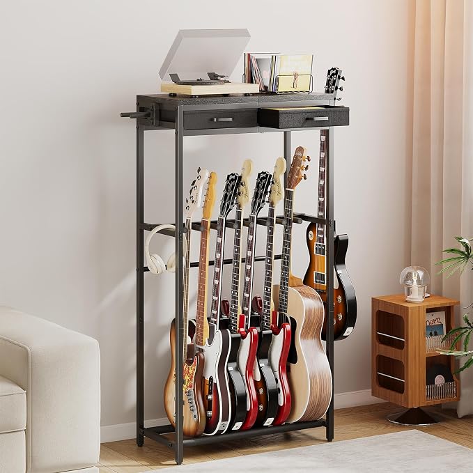 ELYKEN Guitar Stand, Guitar Rack with 2 Hangers and Storage Drawers for Guitar Accessories, Multiple Guitar Holder for Acoustic Electric Guitar, Bass, Ukulele, Instrument, Music Studio, Black