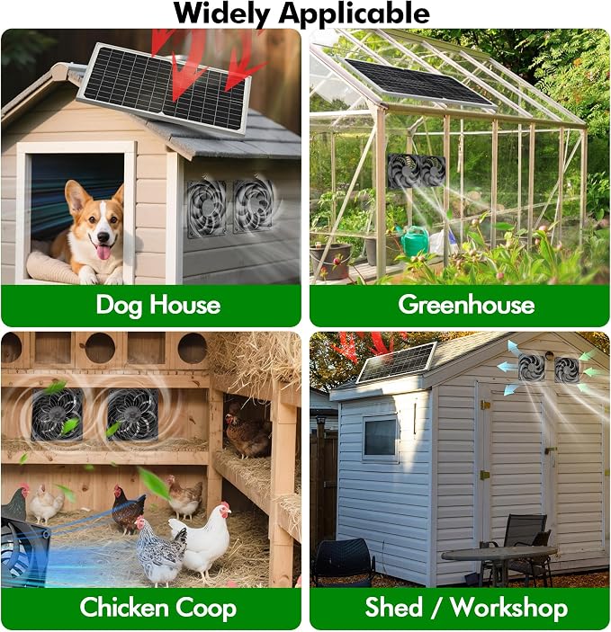Dual Solar Powered Fan for Chicken Coop, Greenhouse & Shed，4.7" | Waterproof Window Fans, Solar Fan for Chicken Coops, Pet House, Ventilation Cooling Kit, On/Off Switch, 6.6ft Extension Cable