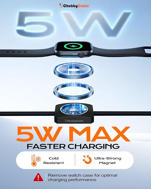chubbycable Solo-Flex 2-in-1 USB-C Cable with Apple Watch Charger, Built-in 5W Magnetic Charger for Apple Watch, 100W Fast Charging, 4FT Thick Silicone Cable, Black