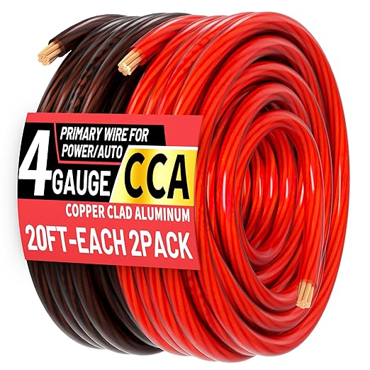 4 Gauge Wire(20FT Black + 20FT Red) Copper Clad Aluminum CCA Battery Cable, Primary Power/Ground Cable for Car Audio Speaker, RV Trailer, Amp, Inverter RV Truck, Solar Equipment, Translucent Jacket