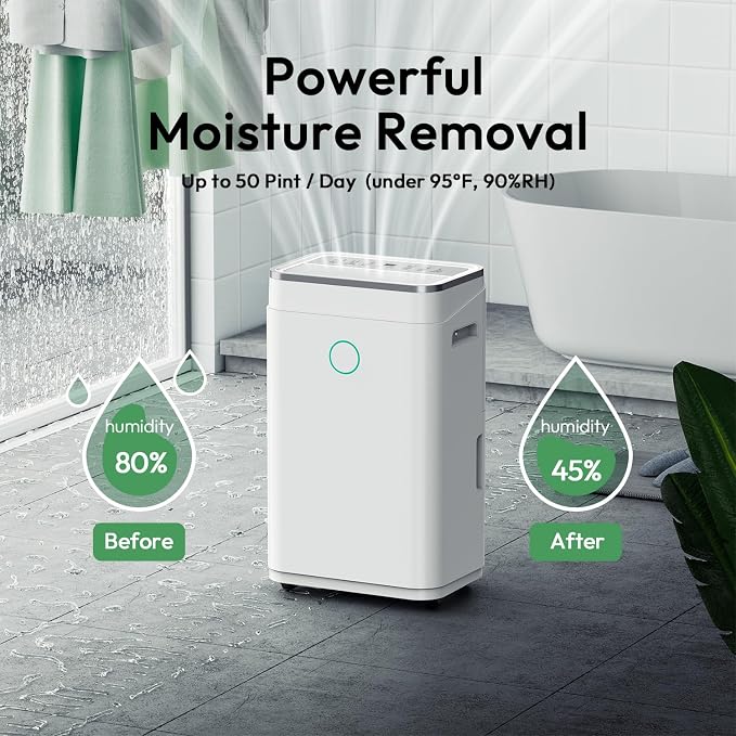 HUMILABS Dehumidifier for Basement with Drain Hose 4500 Sq. Ft - 50 Pint 1.7 gal Tank Dehumidifier for Home Bedroom Bathroom,Ultra Quiet 40 dB,Sleep Mode & 24H Timer,Child Lock,Ideal for Large Room
