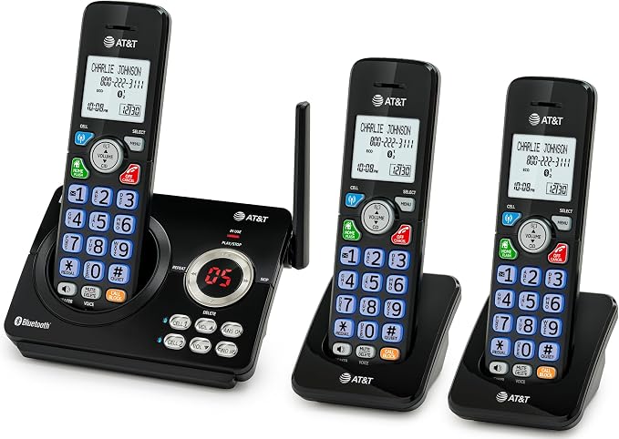 AT&T DECT 6.0 Cordless Phone, 3-Handset – Smart Call Blocker, Bluetooth Connect to Cell, Caller ID Announce, Answering Machine | DL72379