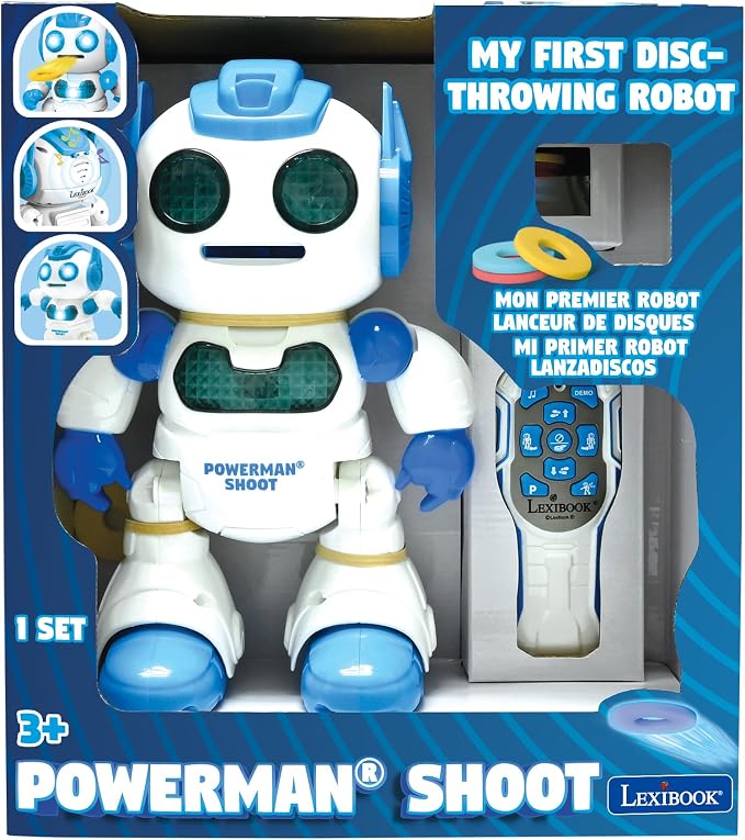 LEXiBOOK, Powerman Shoot - My First Throwing-disc Robot, Programmable Remote Control Robot, Plays Music and Dances, Sound and Light Effects, 12 Foam Discs, ROB17