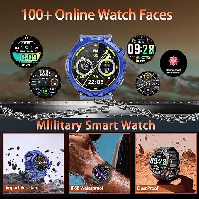 Smart Watches for Men (Answer/Make Call), 1.53" HD Military Smartwatch, 50+ Days Extra-Long Battery Life Fitness Tracker, Flashlight/110+Sports/Heart Rate/Sleep Monitor/IP68 Waterproof Android iOS