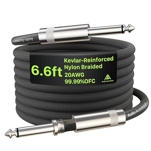 AA AUDIO ACCESSORY Guitar Cable 6.6ft, Nylon Braided Anti-Kinking Kevlar-Reinforced, 20AWG 99.99% OFC, Heat-Shrink Protected 1/4 Instrument Cable, Shielded Amp Cord for Fender Electric Guitar