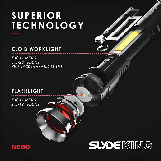 500 Lumen COB LED Work-Light and Flashlight, Red Light Mode and Red Flashing Light Mode, 4x Adjustable Zoom, Magnetic Base, No Need to Buy Batteries SLYDE KING is Rechargeable - NEBO 6726 Slyde King