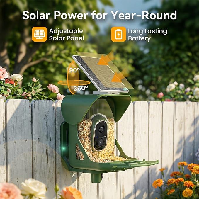 Smart Bird Feeder with Camera, AI Identify Birds Species, 2K HD Color Night Vision, IP65 Waterproof Solar Powered Bird Feeder with 142° Wide Angle, Auto Capture & Real-Time Notifications, Ideal Gift