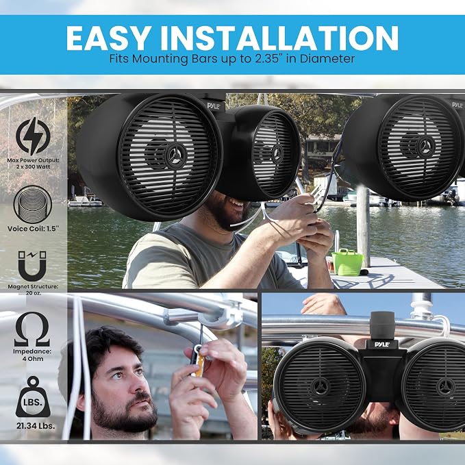 Pyle Dual Waterproof Off-Road Speakers - 8" 300W 2-Way Marine Wakeboard Tower Sound System w/LED Light, Full Range Outdoor Stereo Speaker for Car, ATV, UTV, Jeep, Boat, Includes Brackets (Black)