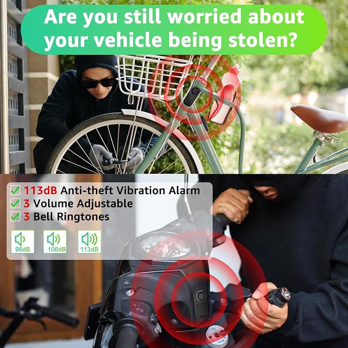USUPERINK Bike Alarm, 113dB Bicycle Alarms for Ebikes, Volume&Sensitivity Adjustable Motorcycle Alarm with 2 Remotes, Waterproof Anti Theft Wireless Vibration Sensor for Car Motorcycle Scooter Ebike