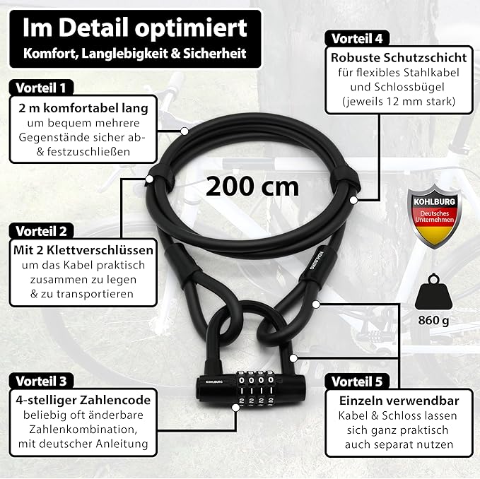 KOHLBURG Cable Lock 6.5ft / 2 Meter Long with Code – 79” / 200cm Combination Lock – Steel Cable Lock with Hook & Loop Straps – Steel Cable with Number Padlock for Bicycle, Garden Furniture & Bike Lock