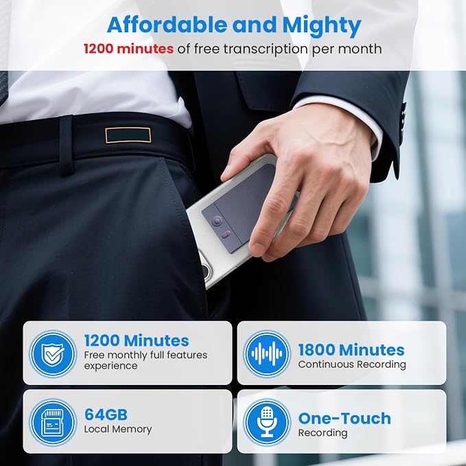 AI Voice Recorder, 64GB Audio Note Recorder with Transcribe&Summarize Free 1200 min of Transcription, App Control, Supports 112 Languages, Magnetic Case for Lectures Meetings Calls