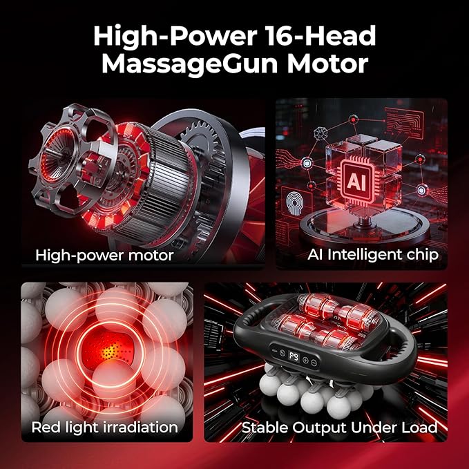 16 Head Massage Gun Set, Deep Tissue Percussion Massager with 9 Modes & 9 Intensities, Pain Relief, Portable & Quiet, Massage Tools for Back, Shoulders, Legs, Foot, Full Body Muscle Relaxation