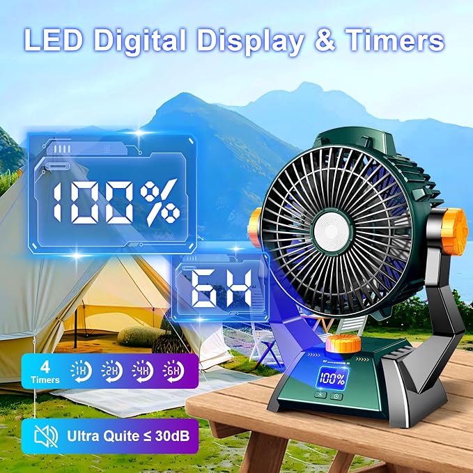 Camping Fan - Rechargeable Portable Battery Powered Camping Fans for Tents with LED Light, Power Display, Timers & 360° Hanging Hook, Ultra Quiet USB Personal Tent Fan for Fishing Travel Home Office