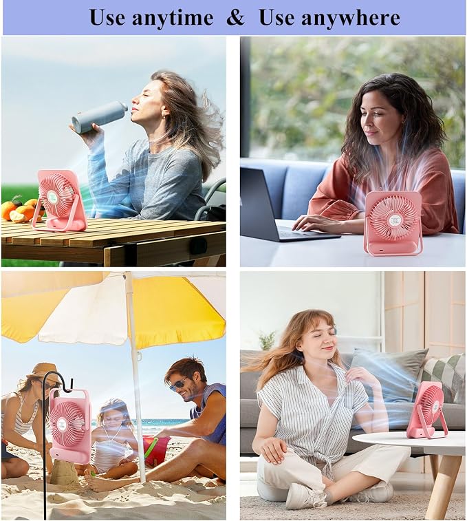 WHATOOK Desk Fan 2 Pack: 100 Speeds Stepless Control 2000mAh Battery Operated Portable Fan, Rechargeable Table Fan for Cruise Ship Essentials, Gift for Couples, Dorm, Office, Bedroom(Pink and Purple)