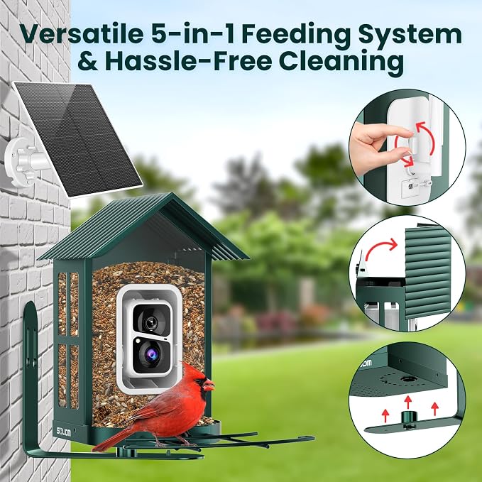 SOLIOM Bird Feeder with Camera, Solar Smart Bird Feeder Camera with AI Bird Identification, 2K HD Live View & Instant Alerts, Squirrel-Proof Metal Outdoor Bird Feeder, Bird Watching Gift Set (Green)