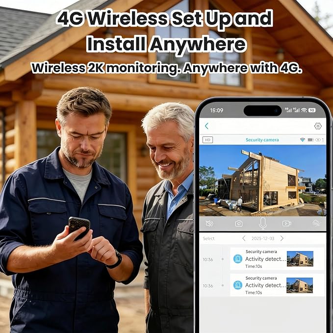 No WiFi Security Camera, 4G LTE Cellular Security Camera Battery Powered with SIM Card & Memory Card, 2K Color Night Vision, Motion Detection, 2-Way Talk, Solar Camera Outdoor Wireless