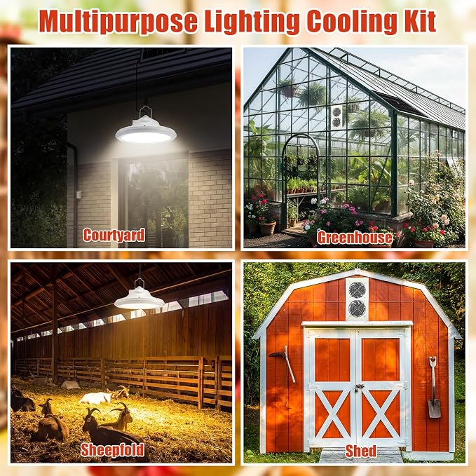 4 Set Solar Fan for Chicken Coop with Shed Light, 25W Panel Dual Exhaust Vent Kit, Waterproof 12V Solar Powered Ventilation System with Timer for Greenhouse, Pet House