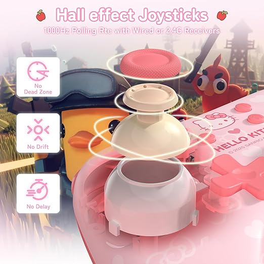 Kuitmor Hello Kitty Switch Pro Controller, Cute Hall Effect Wireless Gamepad No Drift for Switch 2/Switch/OLED/Lite, PC/Steam, Android, iOS, Bluetooth + Wired, Turbo, Back Buttons, 6-Aixs Gyro, Wake-up, RGB (Pink, With 2.4g Receiver)