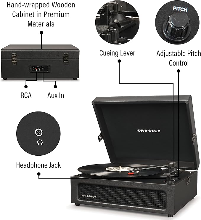 Crosley CR8017B-BK Voyager Vintage Portable Vinyl Record Player Turntable with Bluetooth in/Out and Built-in Speakers, Black