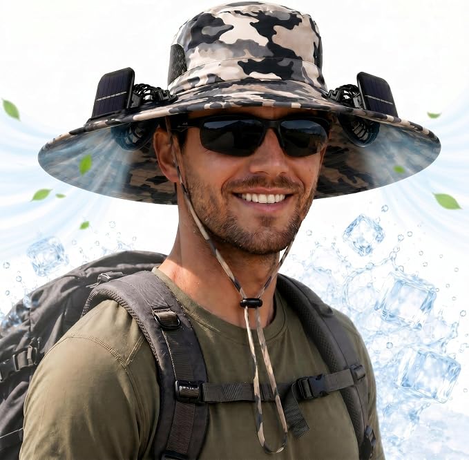 Berlune Sun Hat with 2 Solar Fan Wide Brim Fishing Bucket Hat USB & Solar for Men Women UPF 50+ Cooling for Fishing Beach