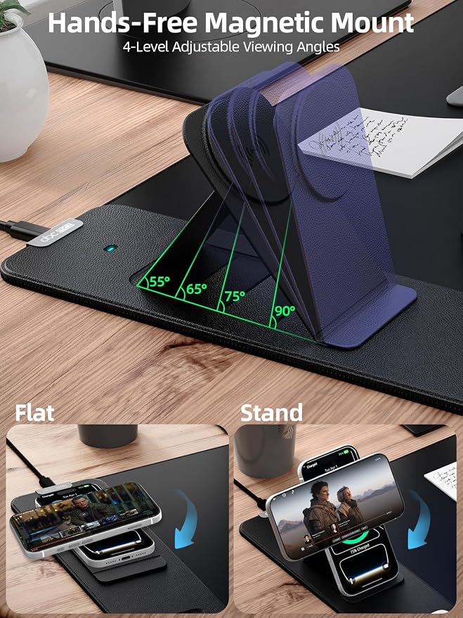 Mouse Pad with Magnetic Wireless Charging Phone Stand, 31.5"x15.8" Large, Waterproof Smooth Surface, Non-Slip Base, No Adapter