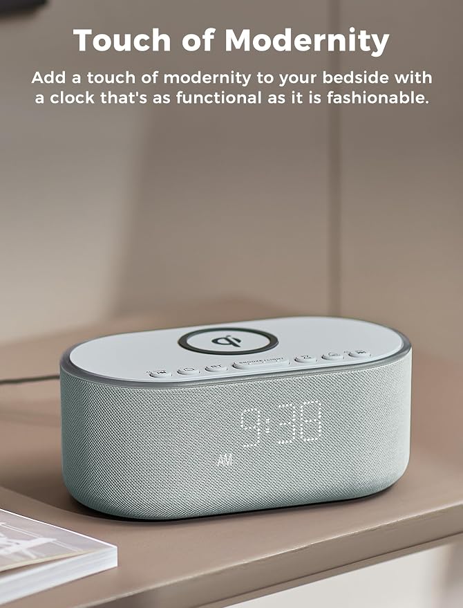 Odokee Wireless Charging Alarm Clock Radio: Qi Certified Fast Wireless Charger for iPhone Samsung - 10W Stereo Bluetooth Speaker - Dimmable Digital Clock with FM Radio for Bedroom Cloud Blue
