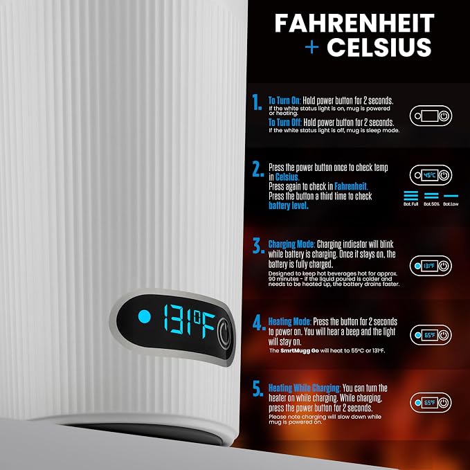 SmrtMugg GO Heated Coffee Mug, Travel Mug, 13.5 OZ. Smart Mug, Battery Powered Heated Coffee Mug, Great for Coffee and Tea, Snap on Magnetic Charging Cord, New and Improved (White)