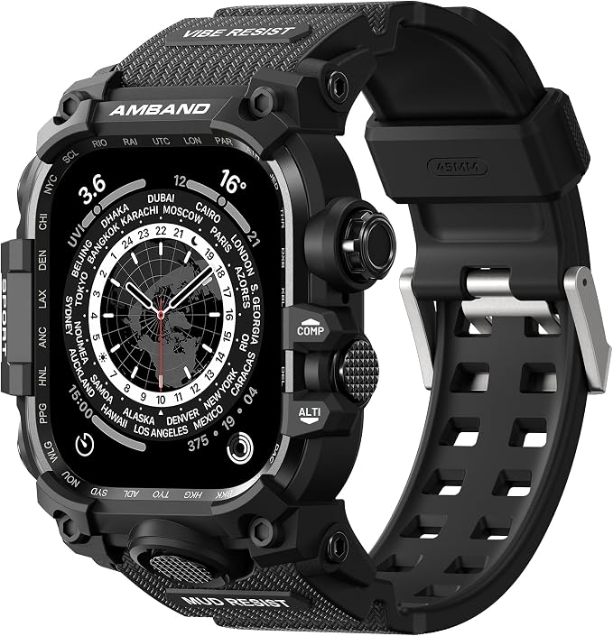 amBand Rugged Case with Band for Apple Watch 45mm, Compatible with Apple Watch (iWatch) Series 9/8/7, Military Grade Shockproof Bumper Cover, Tactical Band for Men, Matte Black