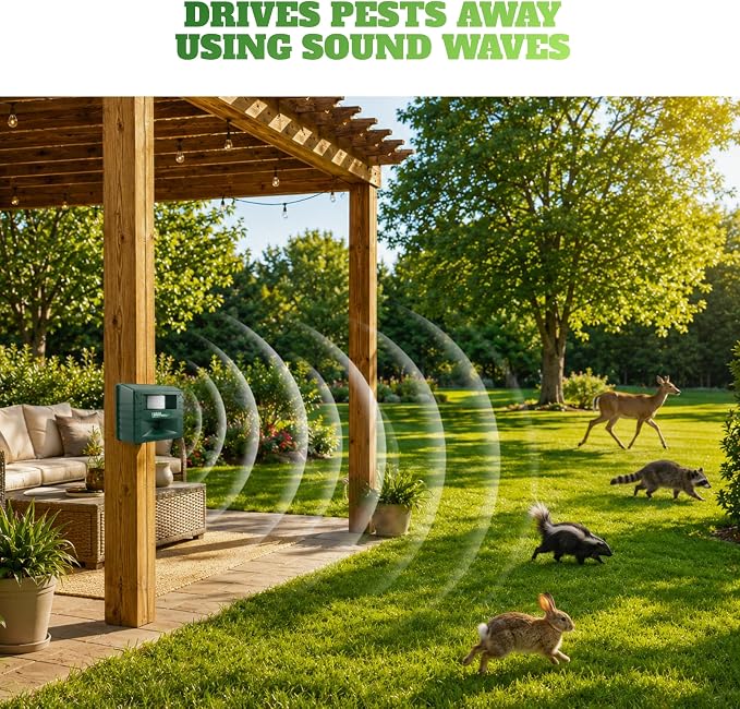 ASPECTEK Yard Sentinel Ultrasonic Animal Repeller, 5500 Sq. Ft. Coverage with 24Hrs Motion Sensor, Night Scanner, Deterrent for Deer, Raccoon, Bear, Rabbit, Skunk and Fox, Includes 10m Extension Cord