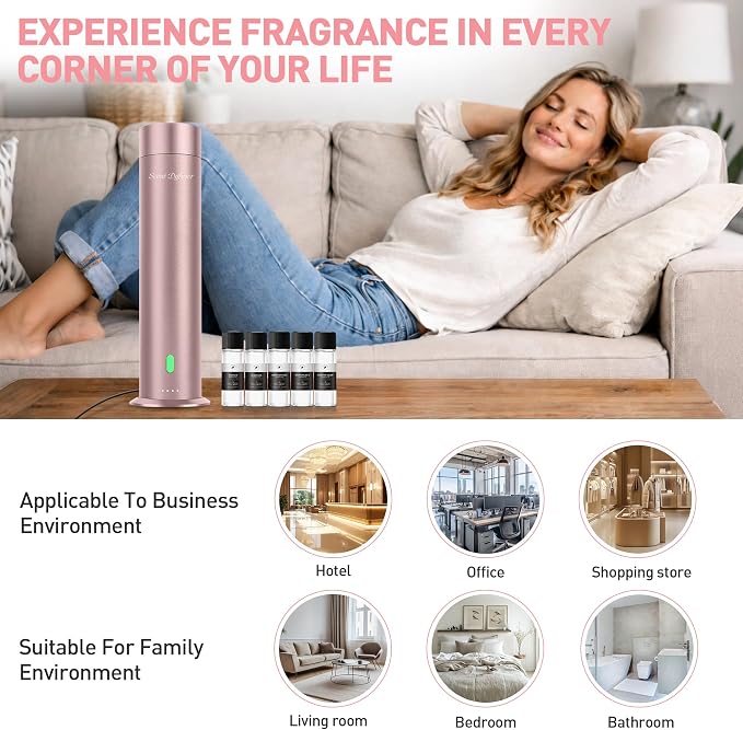 Waterless Scent Diffuser Starter Kit - 1000 Sq Ft Coverage, Hotel Scent Diffuser, Essential Oil Diffuser for Home & Large Room, Included 5 Scent Oils, Remote Control, Rosepink, 11In