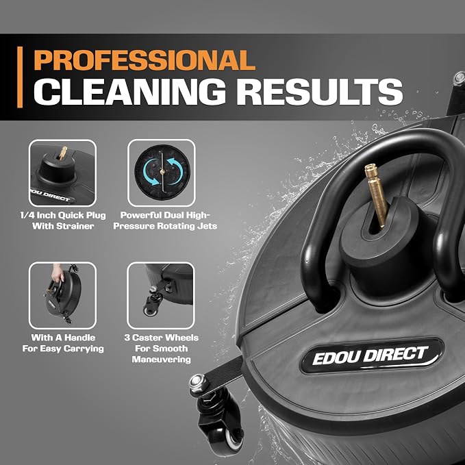 Edou Direct Pressure Washer Surface Cleaner with Wheels and Handle - Heavy-Duty Plastic - 15'' - Compatible with Most Electric Pressure Washers - 1/4 Inch Quick-Connect - Black
