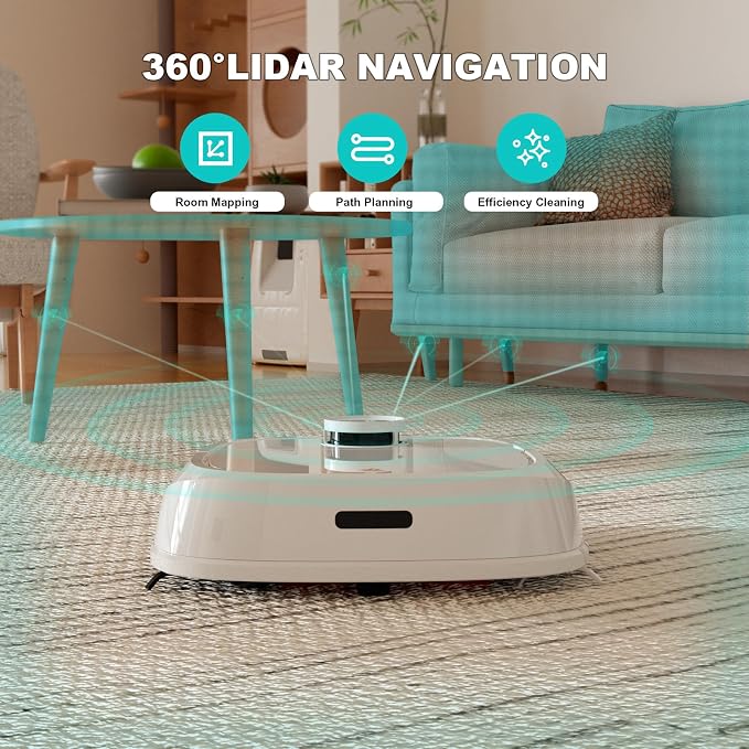 TECBOT Robot Vacuum and Mop (M1 Pro) - LiDAR Robotic Vacuums Cleaner for Home with Pet Hair, Carpet, Hardwood Floors, Auto Smart Mopping, Self Cleaning, Avoids Obstacles, Voice Control, White