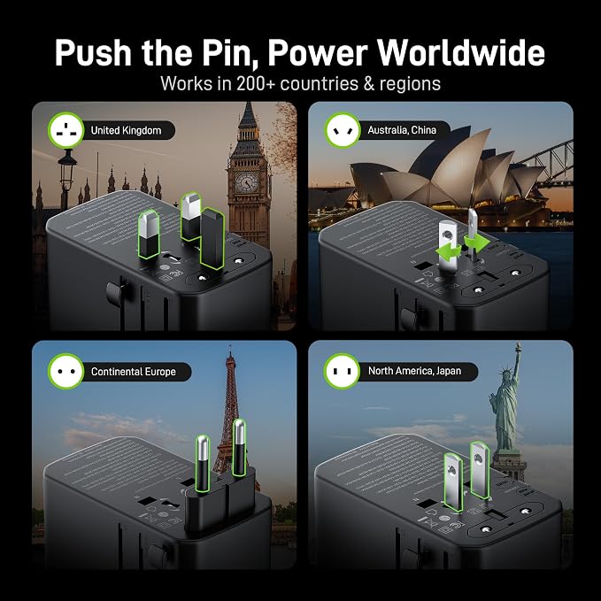 Epicka Pulse Duo 140W GoStand Universal Travel Adapter with Desktop Stand & Smart Display, International Power Adapter with 3.28ft Cable, 2 AC Outlets PD 3.1 PPS Compatible with MacBook, iPhone