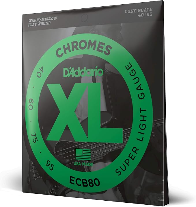 D'Addario XL Chromes Flat Wound Bass Guitar Strings - ECB80 - Long Scale - Super Light, 40-95