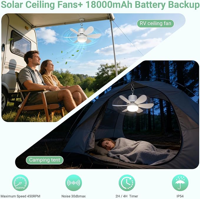 Solar Fan for Gazebo with Light, 18000mAh Rechargeable Solar Powered Patio Ceiling Fan with Remote, 17.5'' Portable Outdoor Hanging Fans for Pergola| Backyard| Camping| Tent| RV Canopy, IP54 Rated