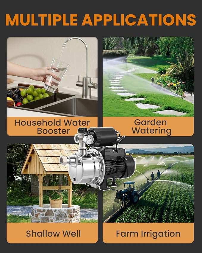 3/4 HP Shallow Well Booster Pump with Pressure Tank 1050GPH Auto ON/OFF Water Pressure Booster Self-Priming Stainless Steel Automatic Booster System for Whole House, Garden, Lawn