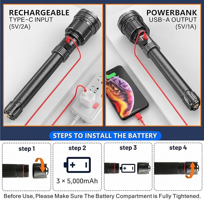 Rechargeable Tactical Flashlight 15,000 High Lumens with USB Output | 120W XHP360 LED Super Bright Zoomable Flashlight, 2624FT Long Range, IP67 Waterproof for Emergency, Outdoor Camping & Hunting