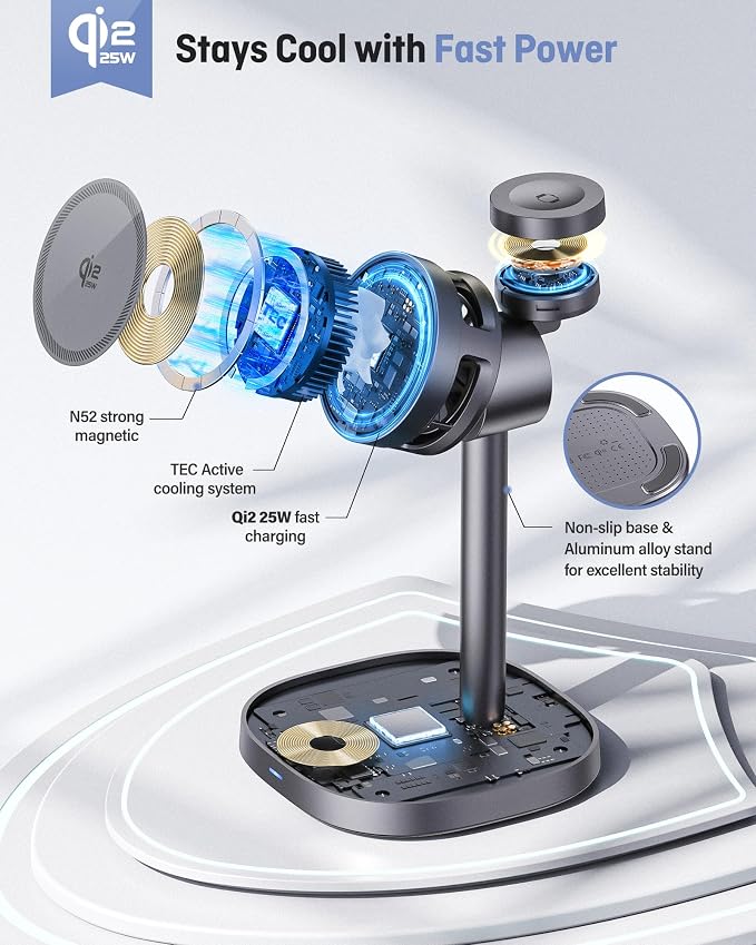 Augnner 3 in 1 Wireless Charging Station, 25W Certified Fast Magnetic Charger, Mag-Safe Wireless Charger Stand with TEC Active Cooling, for iPhone17/16/15/14/13/12, Apple Watch/AirPods