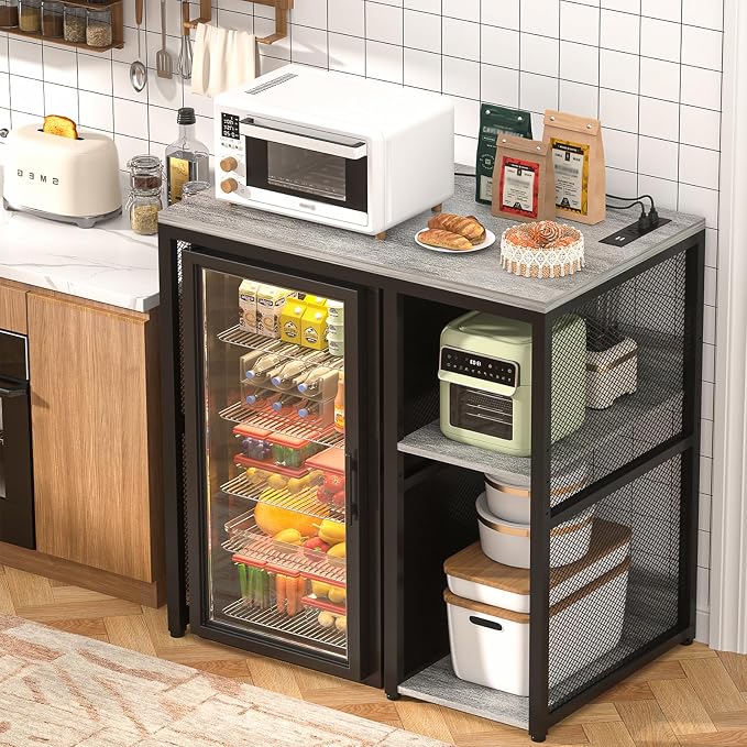 Homieasy Mini Fridge Cabinet with Power Outlet, Coffee Bar Cabinet with Mini Fridge Space, Industrial Liquor Cabinet with Wine Storage & Glass Holder for Dorm, Living Room, Home Kitchen, Light Oak
