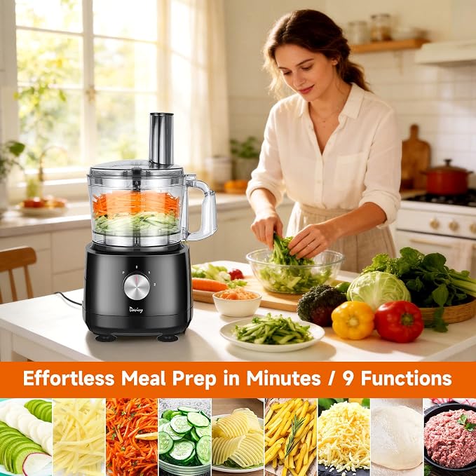 Davivy 7-Cup Food Processor with Built-in Storage Drawer | 600W Motor, 9-Blade Set for Wavy Slicing, French Fries, Dough Kneading | 3-Speed Compact Chopper for Home Kitchen Meal Prep, Black