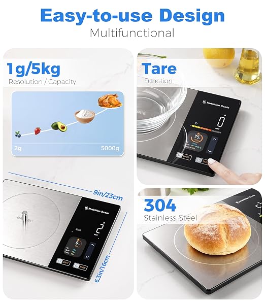 Smart Nutrition Scale - Calorie & Nutrients Tracker for Weight Loss, Fitness, Meal Prep, Free App Connected Food Scale with Barcode Scan, Food Preload & Color Display, 1g Precision, 11lb, Black