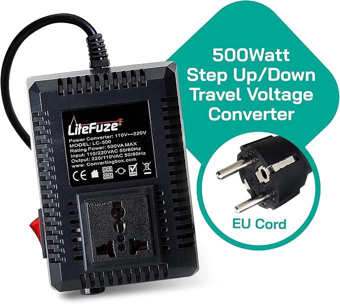 LiteFuze 500 Watt Step Up/Step Down Travel Voltage Converter, 220/110v to 110/220v converter with Type E/F Plug – Compatible with Hair Straightener, Camera, Laptop & More