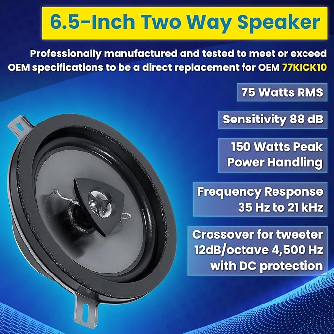 2 Pack Speaker Upgrade For 2007-2018 Jeep Wrangler JK JKU & Grand Cherokee, Commander, Liberty, Dodge Challenger, Durango, Dakota, Nitro, Chrysler 6.5 Inch 2-Way Car Audio Speaker Replace OEM 77KICK10